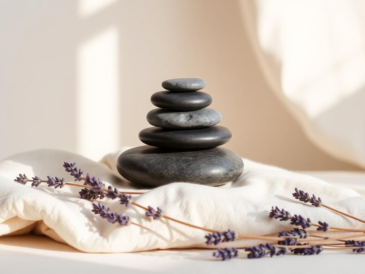 Pietre laviche e lavanda essiccata su lino naturale